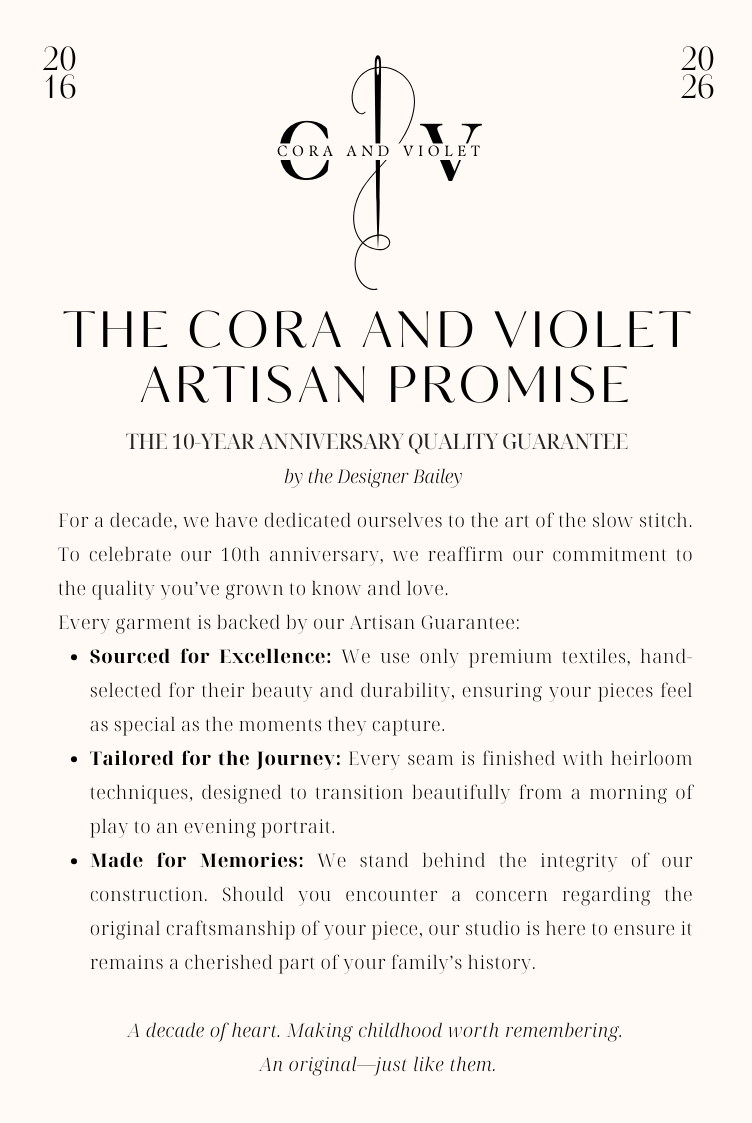 Cora and Violet advertisement detailing their 10-year anniversary quality guarantee.