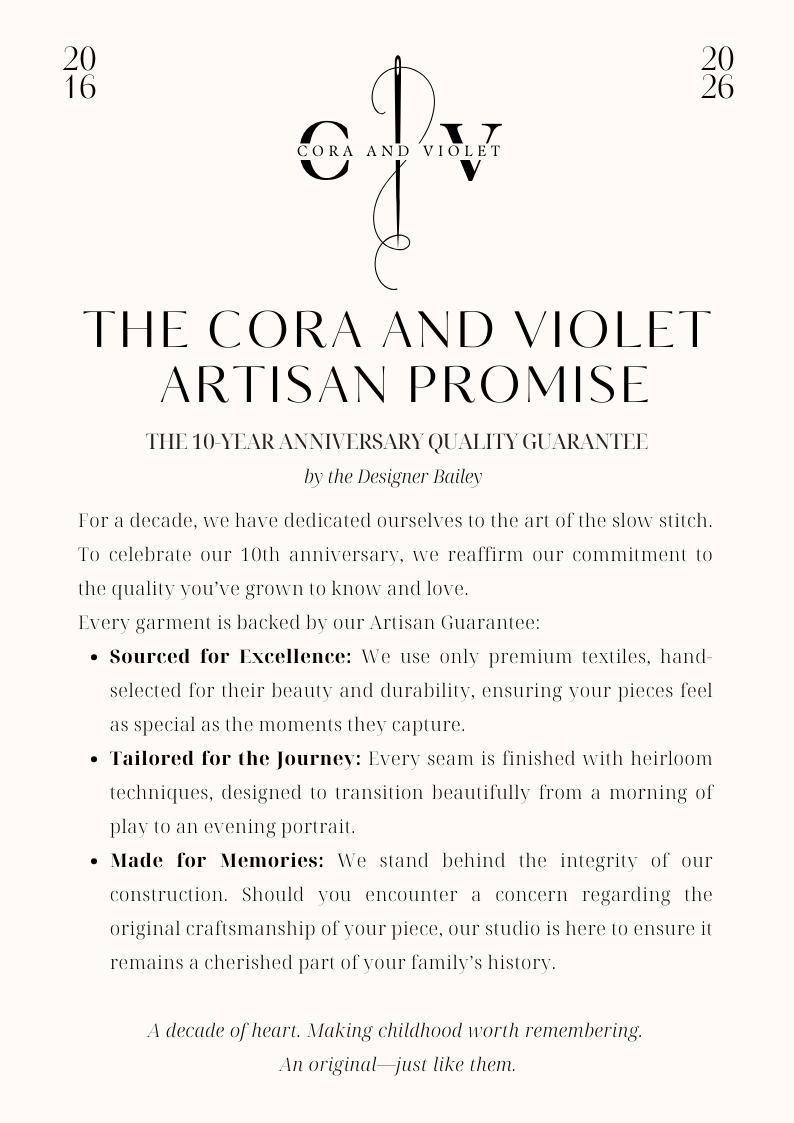 Cora and Violet advertisement detailing their 10-year anniversary quality guarantee.