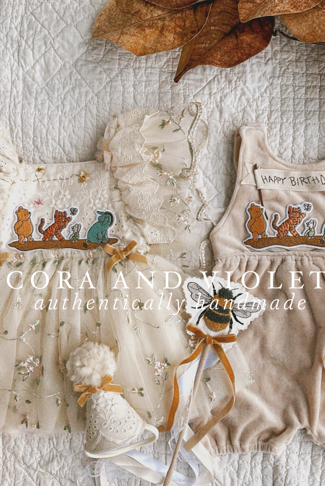 The Winnie Heirloom by Cora and Violet, a handmade Winnie the Pooh inspired birthday dress with 3D butterfly and honey bee embroidery. bow girl twin set boy winnie romper