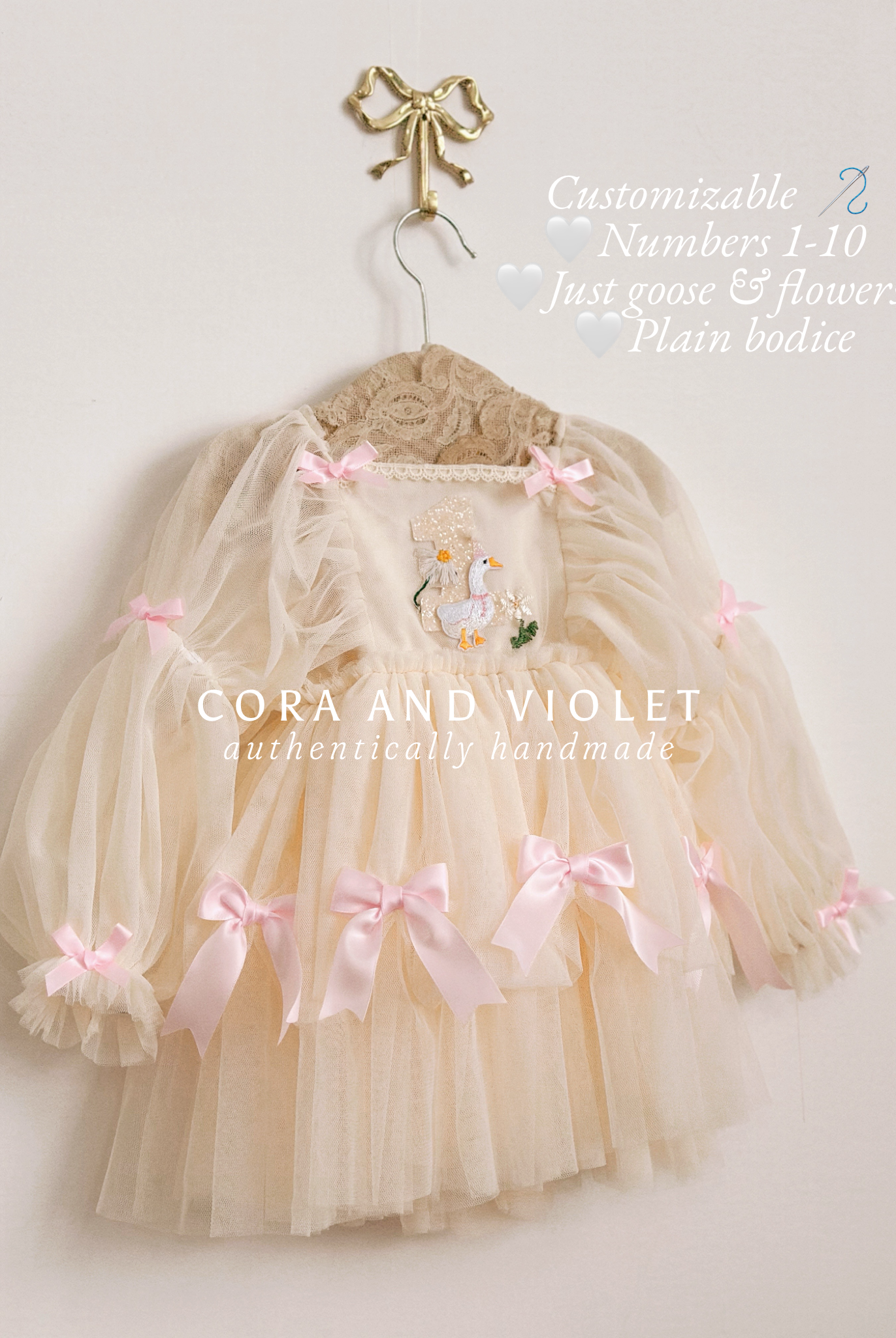 Hand-stitched luxury Silly Goose birthday dress for toddlers, featuring artisanal embroidery and heirloom construction by Cora and Violet.