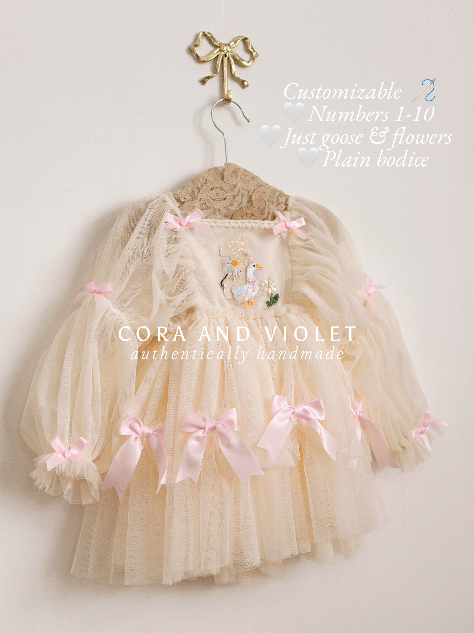 Hand-stitched luxury Silly Goose birthday dress for toddlers, featuring artisanal embroidery and heirloom construction by Cora and Violet.