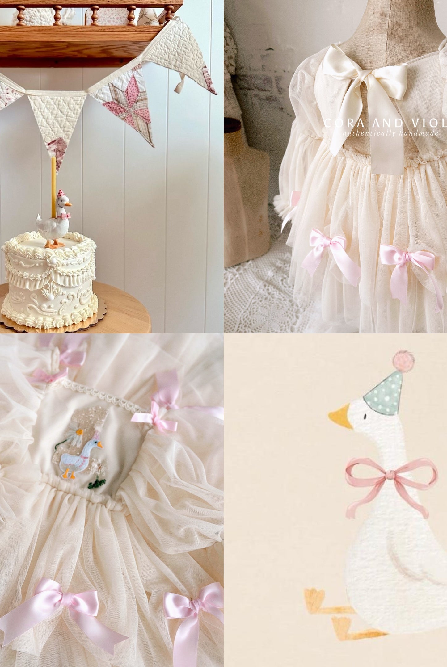 Hand-stitched luxury Silly Goose birthday dress for toddlers, featuring artisanal embroidery and heirloom construction by Cora and Violet.