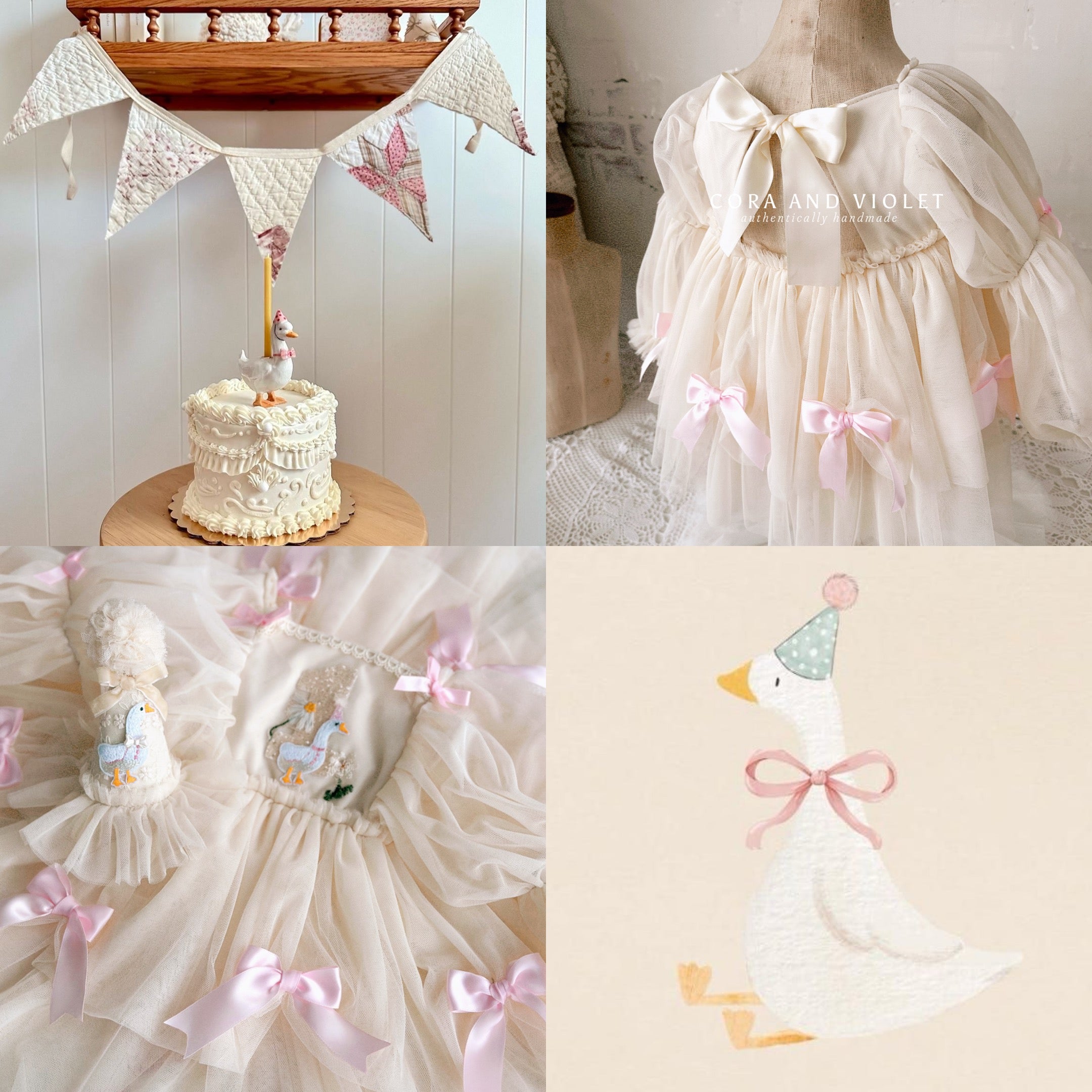 Hand-stitched luxury Silly Goose birthday dress for toddlers, featuring artisanal embroidery and heirloom construction by Cora and Violet.