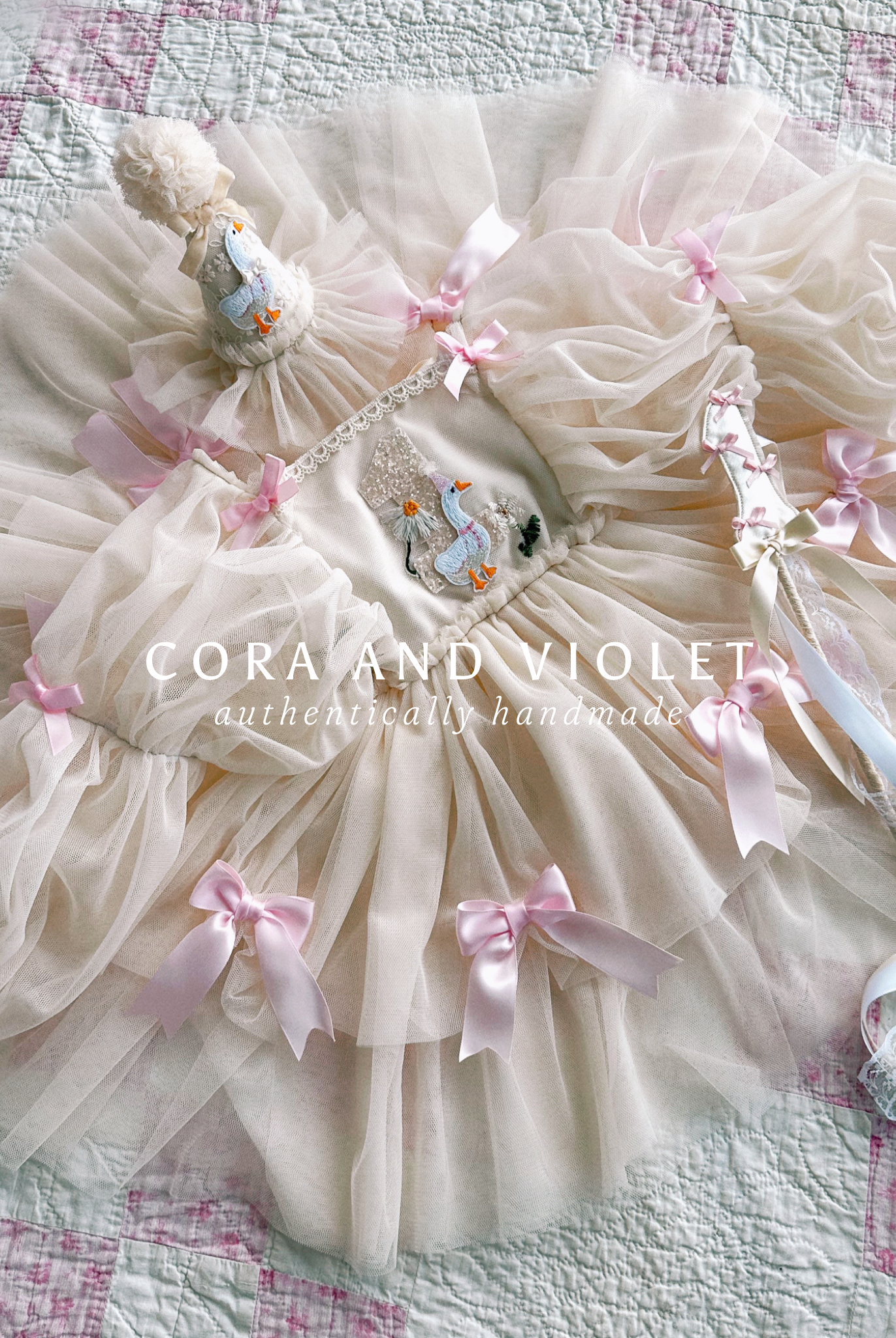 Hand-stitched luxury Silly Goose birthday dress for toddlers, featuring artisanal embroidery and heirloom construction by Cora and Violet.