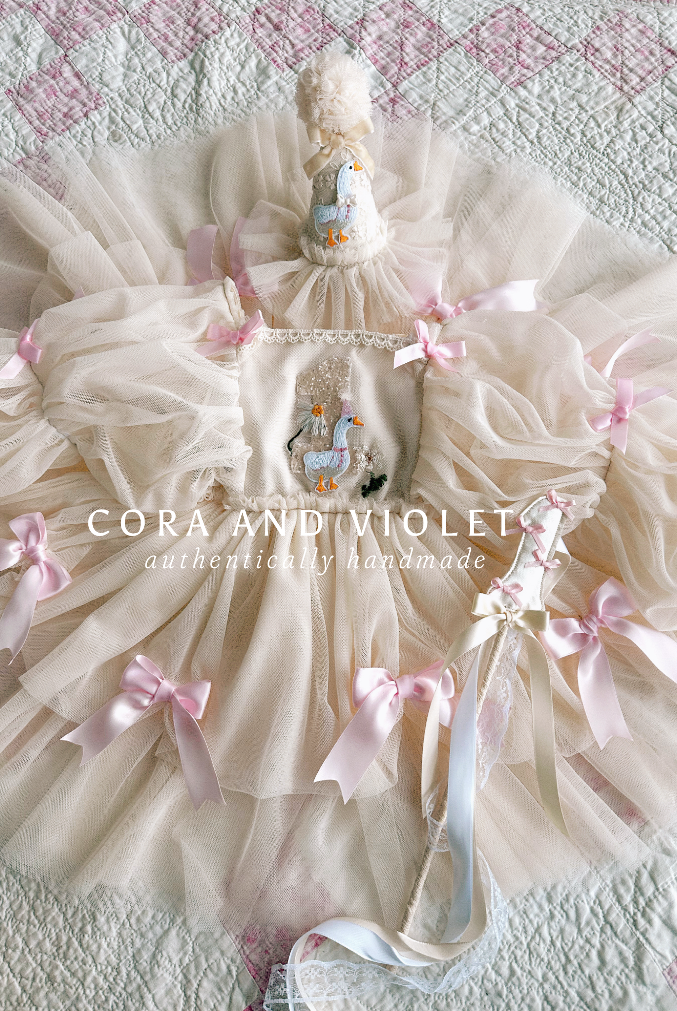 Hand-stitched luxury Silly Goose birthday dress for toddlers, featuring artisanal embroidery and heirloom construction by Cora and Violet.