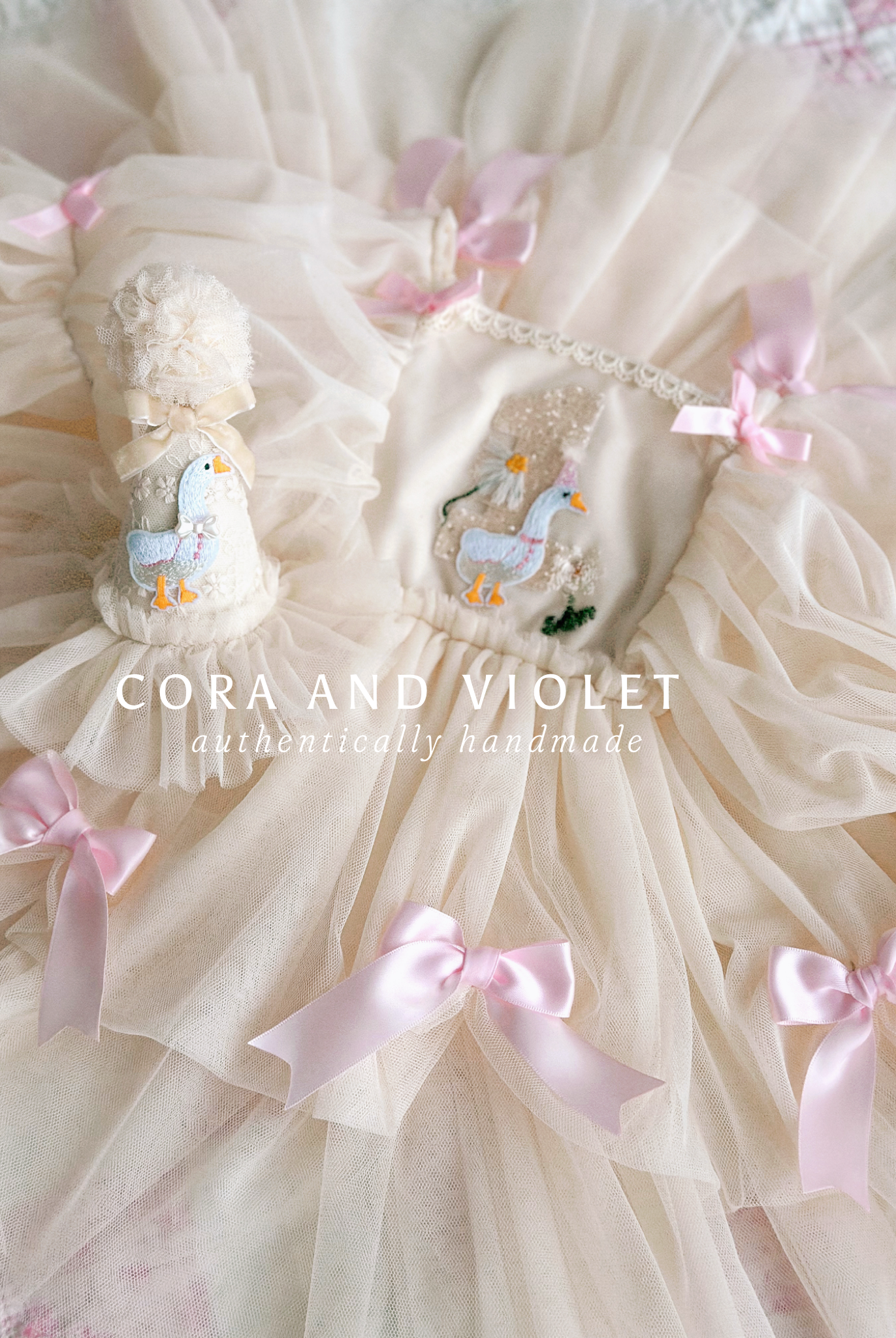 Hand-stitched luxury Silly Goose birthday dress for toddlers, featuring artisanal embroidery and heirloom construction by Cora and Violet.