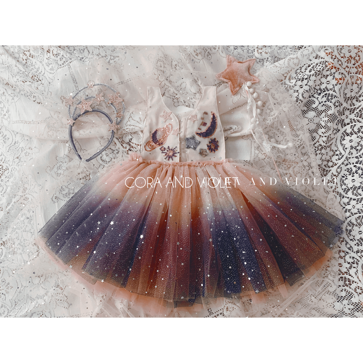 Luna Celestial Tulle Gown // Ombre Moon & Stars Hand-Dyed Milestone Dr –  Cora and Violet