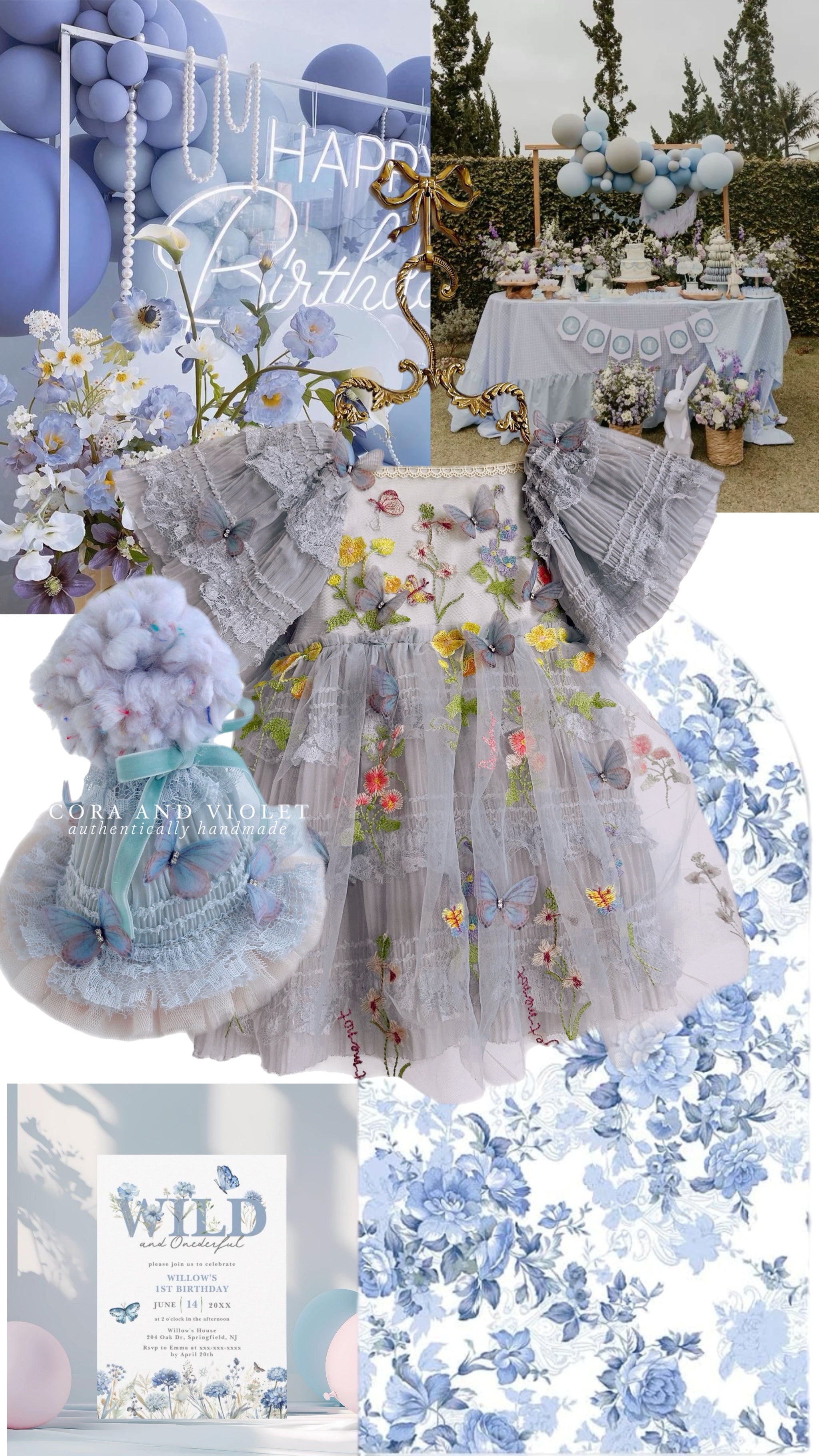 The Marlowe 3D Butterfly & Wildflower Gown // Pale Blue Heirloom Milestone & Birthday Dress