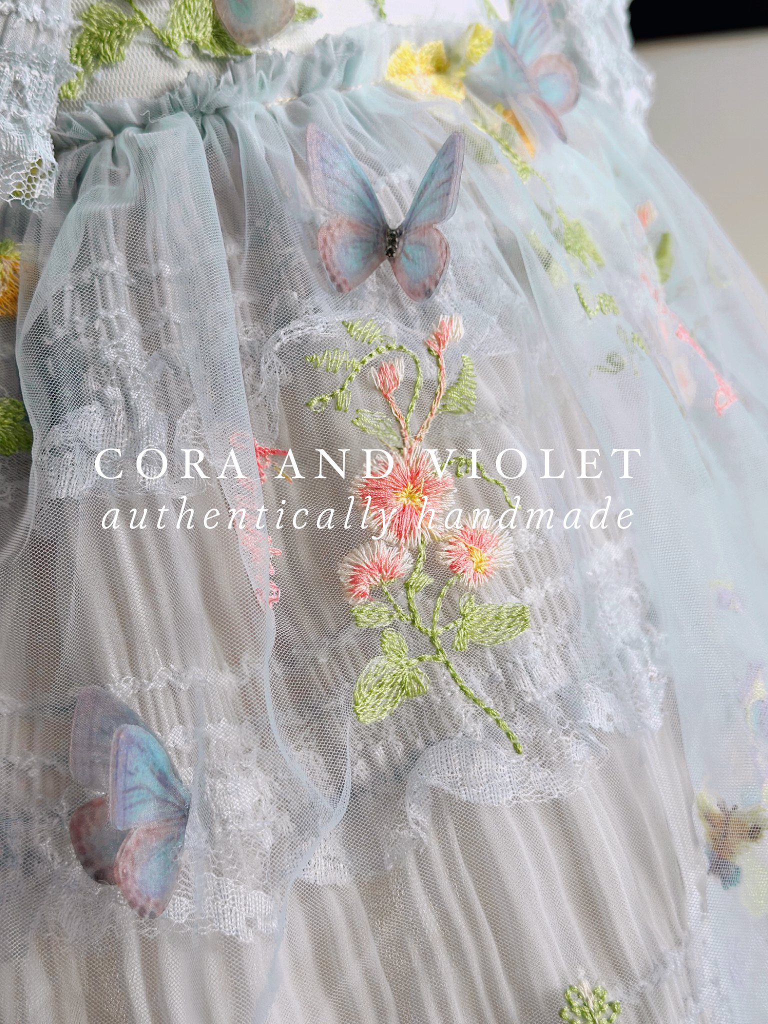 The Marlowe 3D Butterfly & Wildflower Gown // Pale Blue Heirloom Miles Cora and Violet The Marlowe 3D Butterfly & Wildflower Gown // Pale Blue Heirloom Miles Cora and Violet