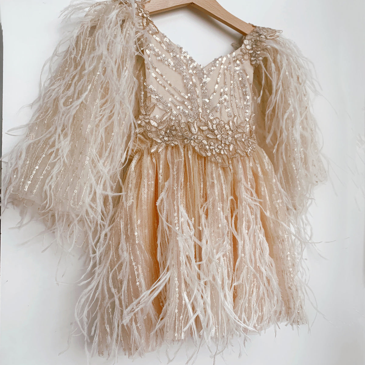 slim fit dress slacks Lucia | Ostrich Feather & Golden Sequin Heirloom Dress