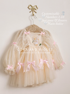 Hand-stitched luxury Silly Goose birthday dress for toddlers, featuring artisanal embroidery and heirloom construction by Cora and Violet.
